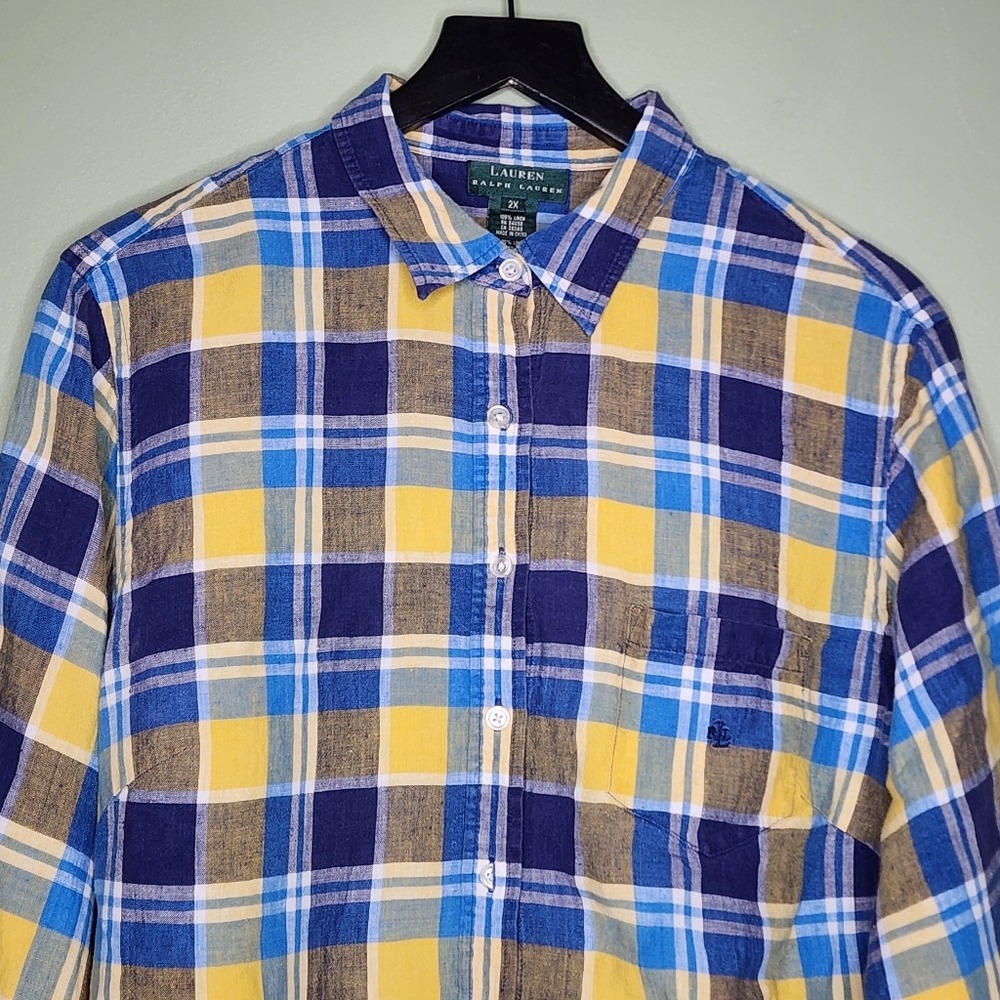 Lauren Ralph Lauren Linen Button Shirt Yellow Blue Paid Roll Tab Preppy 2X - Picture 1 of 5